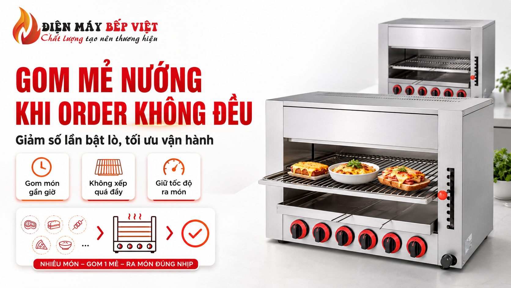 Lò nướng Salamander inox gom nhiều món vào một mẻ nướng để giảm số lần bật lò và tối ưu vận hành khi order không đều.