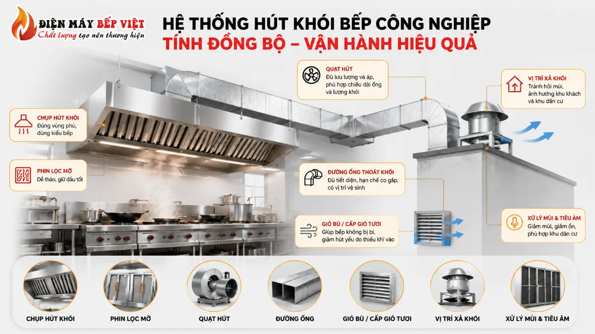 Infographic hệ thống hút khói bếp công nghiệp đồng bộ gồm chụp hút khói, quạt hút, đường ống thoát khói, phin lọc mỡ và cấp gió tươi trong khu bếp nhà hàng inox thực tế.