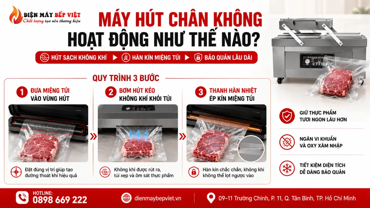 Infographic mô tả 3 bước hoạt động của máy hút chân không gồm đặt miệng túi, hút không khí và hàn kín miệng túi.