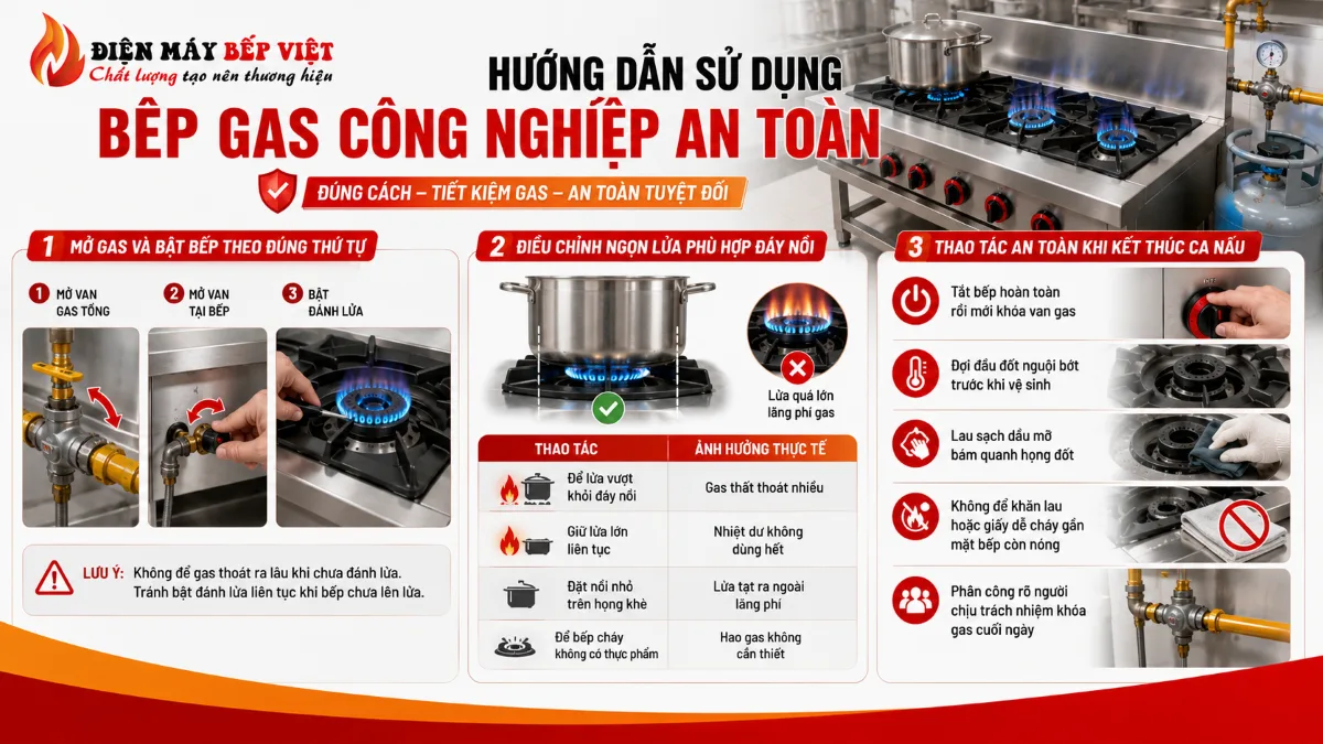 Hình minh họa hướng dẫn sử dụng bếp gas công nghiệp an toàn với thao tác mở gas, điều chỉnh lửa và khóa van đúng kỹ thuật