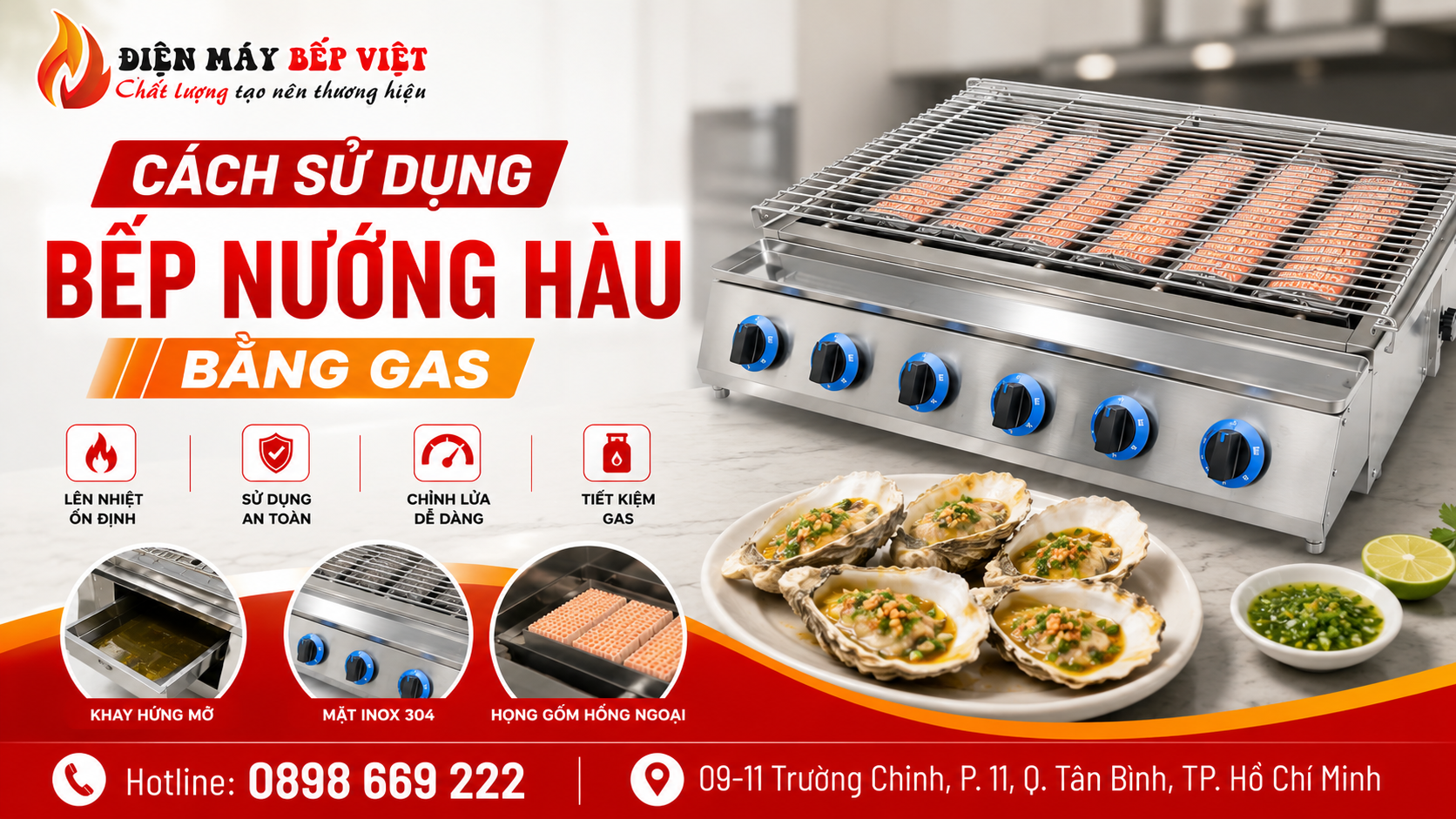 Bếp nướng hàu bằng gas inox 304 đang vận hành ổn định với họng gốm hồng ngoại và hàu nướng mỡ hành trên mặt vỉ
