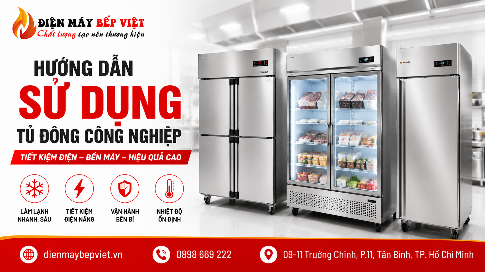 Hero banner hướng dẫn sử dụng tủ đông công nghiệp với các mẫu tủ đông inox và tủ đông cửa kính tại Điện Máy Bếp Việt.