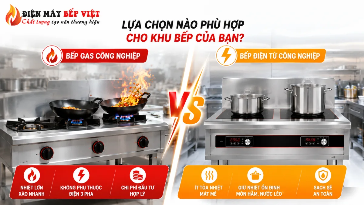 Bếp gas công nghiệp và bếp điện từ công nghiệp được minh họa để so sánh đặc điểm vận hành, nhiệt lượng và môi trường sử dụng thực tế.