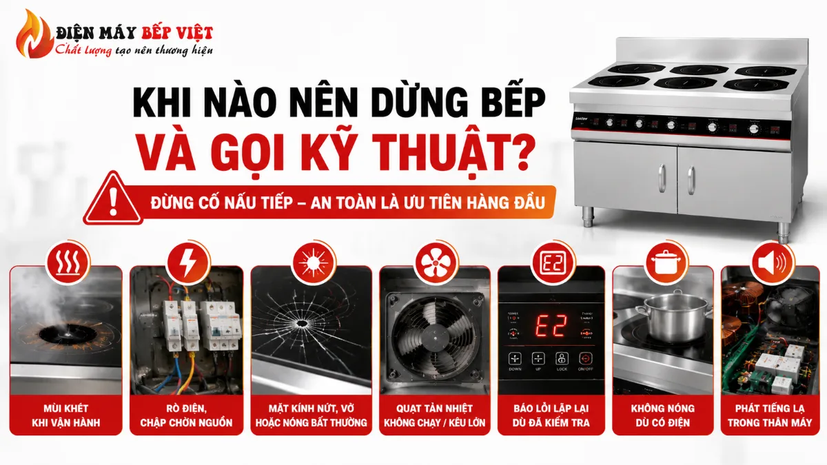 Minh họa các dấu hiệu cần dừng bếp từ công nghiệp và gọi kỹ thuật như rò điện, mặt kính nứt, báo lỗi và quạt tản nhiệt bất thường
