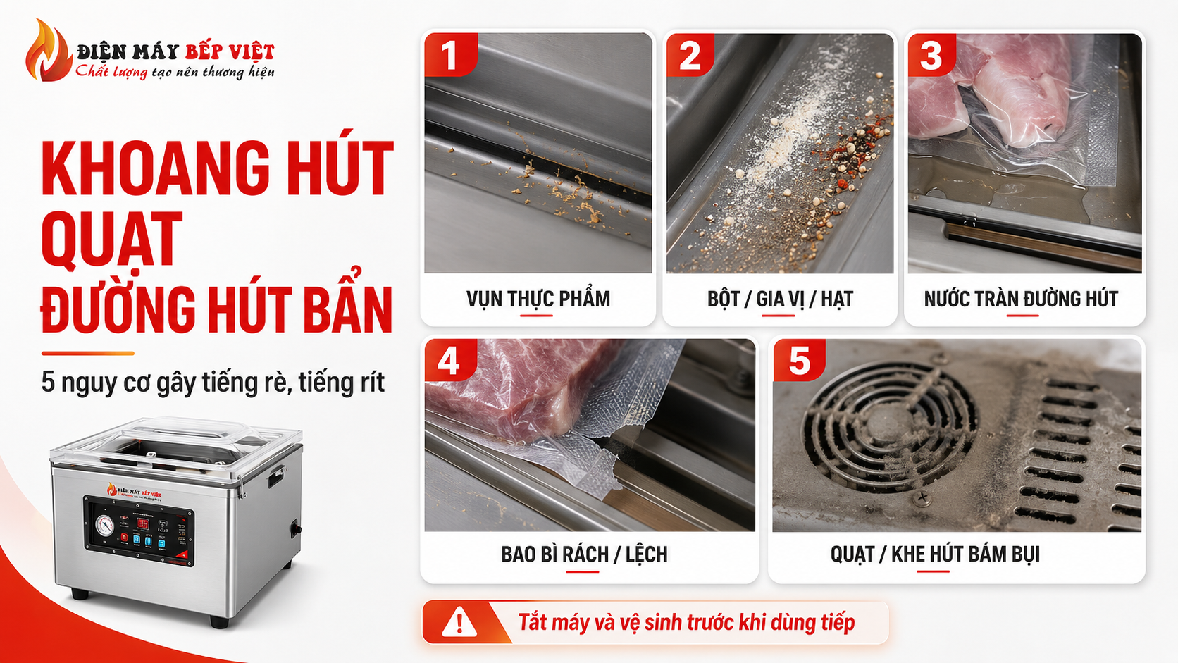 Infographic minh họa 5 nguy cơ khiến khoang hút, quạt hoặc đường hút máy hút chân không bị bẩn gây tiếng rè, tiếng rít.