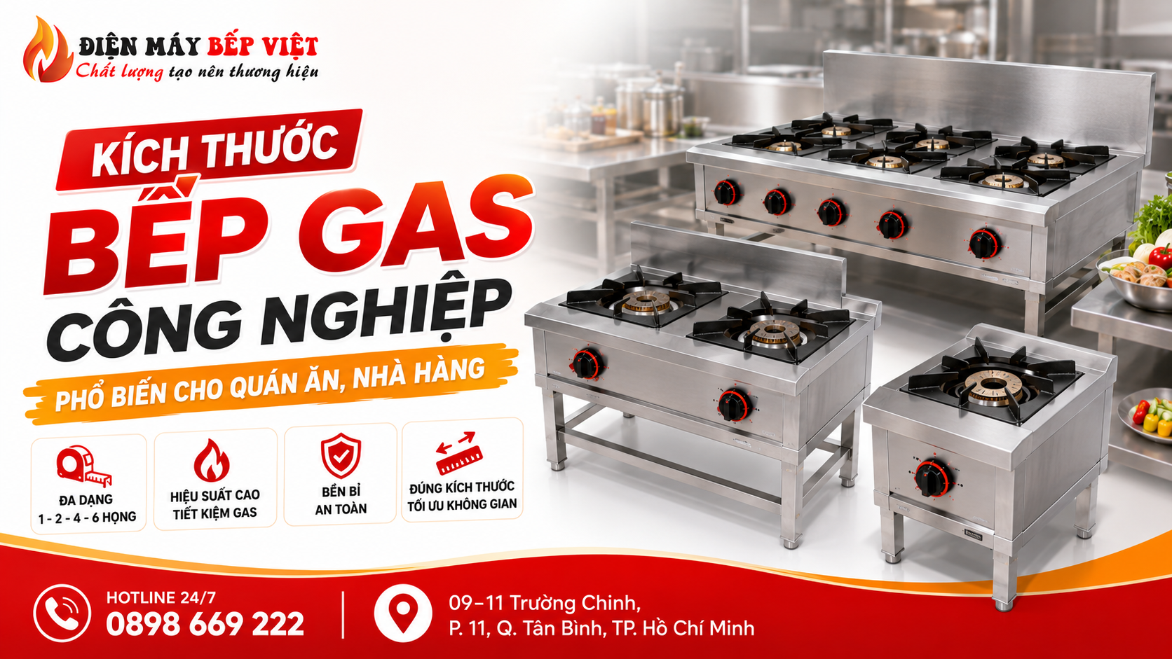 Các mẫu bếp gas công nghiệp inox nhiều họng được Điện Máy Bếp Việt sử dụng để minh họa kích thước phổ biến cho quán ăn và nhà hàng.