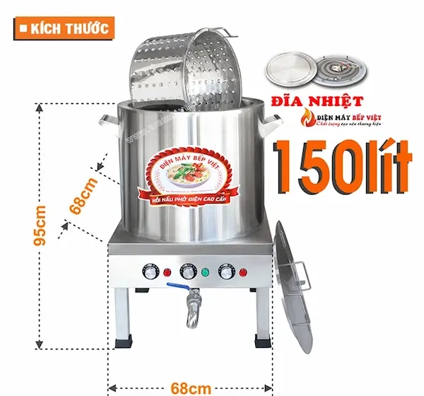 kích thước nồi nấu phở đĩa nhiệt 150lít