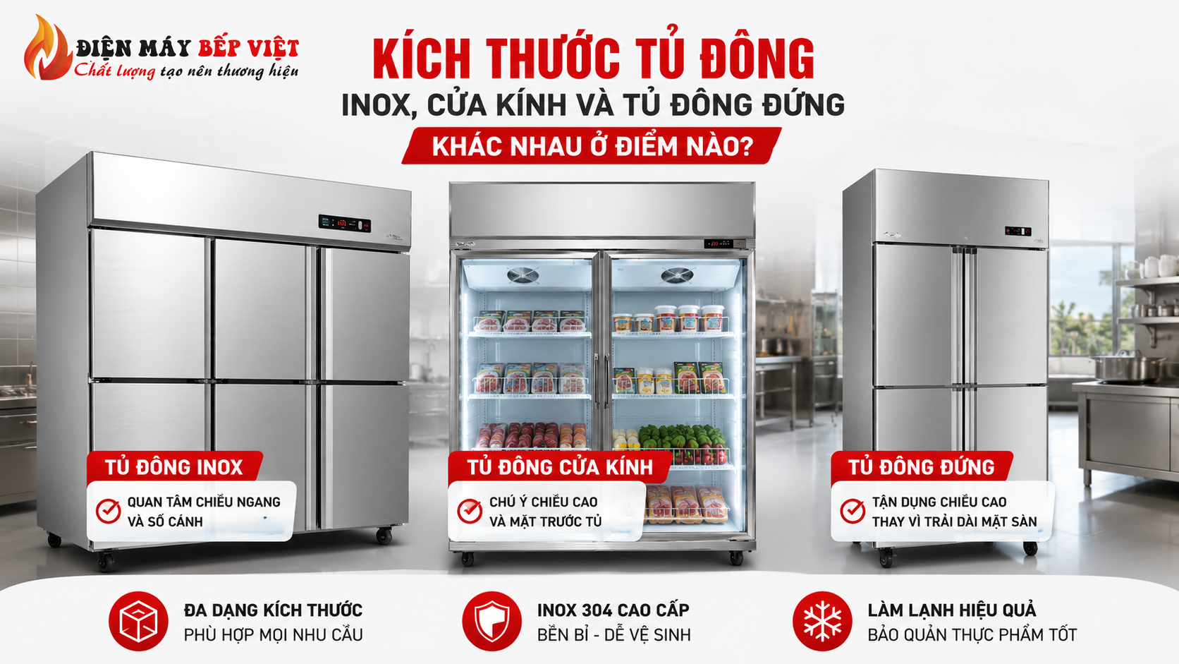Hình minh họa kích thước tủ đông inox, tủ đông cửa kính và tủ đông đứng công nghiệp trong khu bếp nhà hàng.