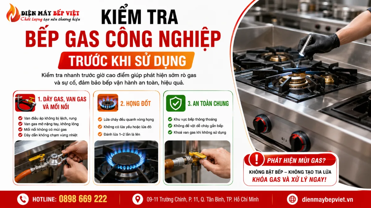 Infographic hướng dẫn kiểm tra bếp gas công nghiệp trước khi sử dụng để phát hiện rò gas và lỗi họng đốt.