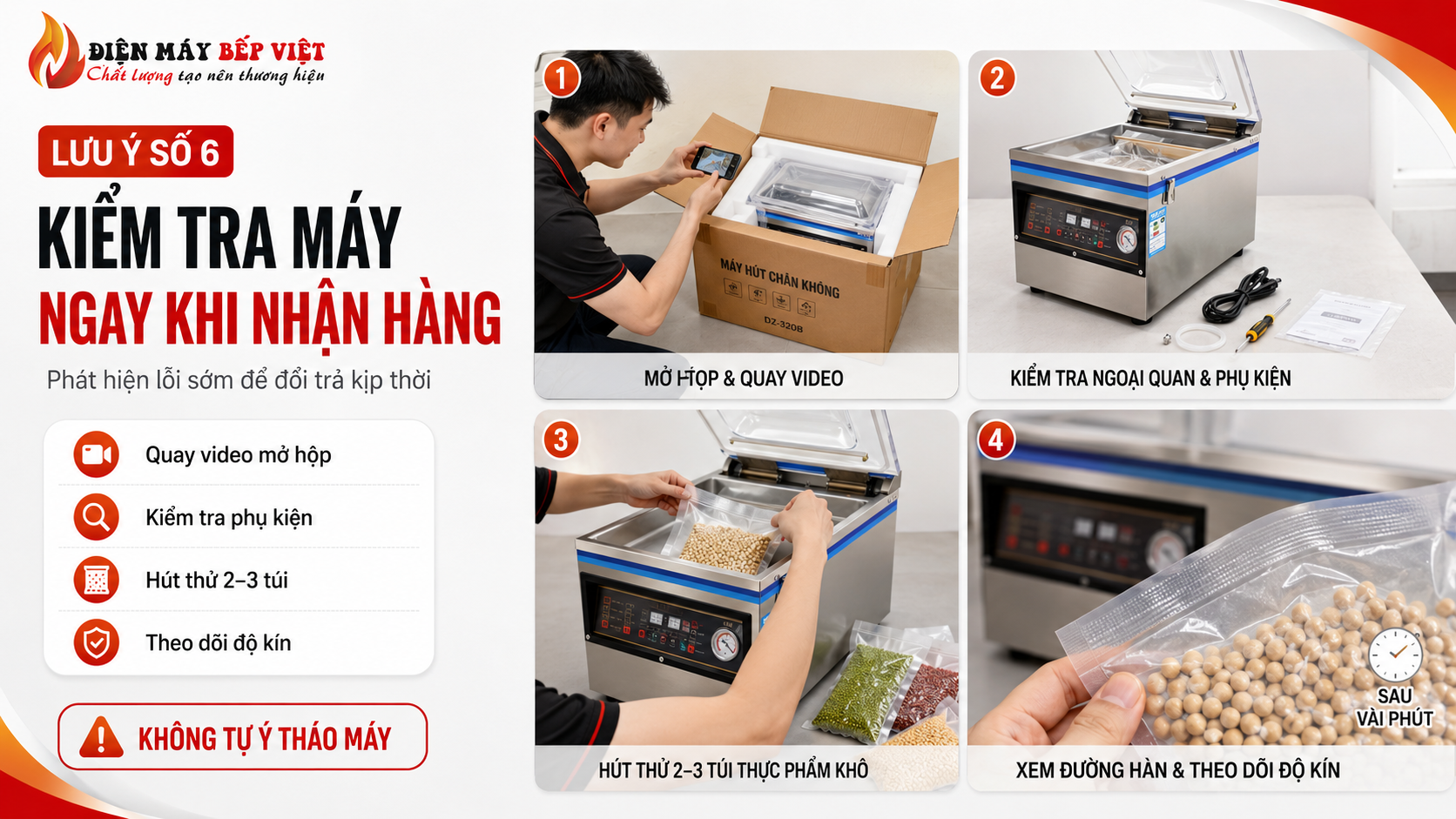 Infographic hướng dẫn kiểm tra máy hút chân không ngay khi nhận hàng, gồm các bước quay video mở hộp, kiểm tra phụ kiện, hút thử túi và theo dõi độ kín đường hàn.