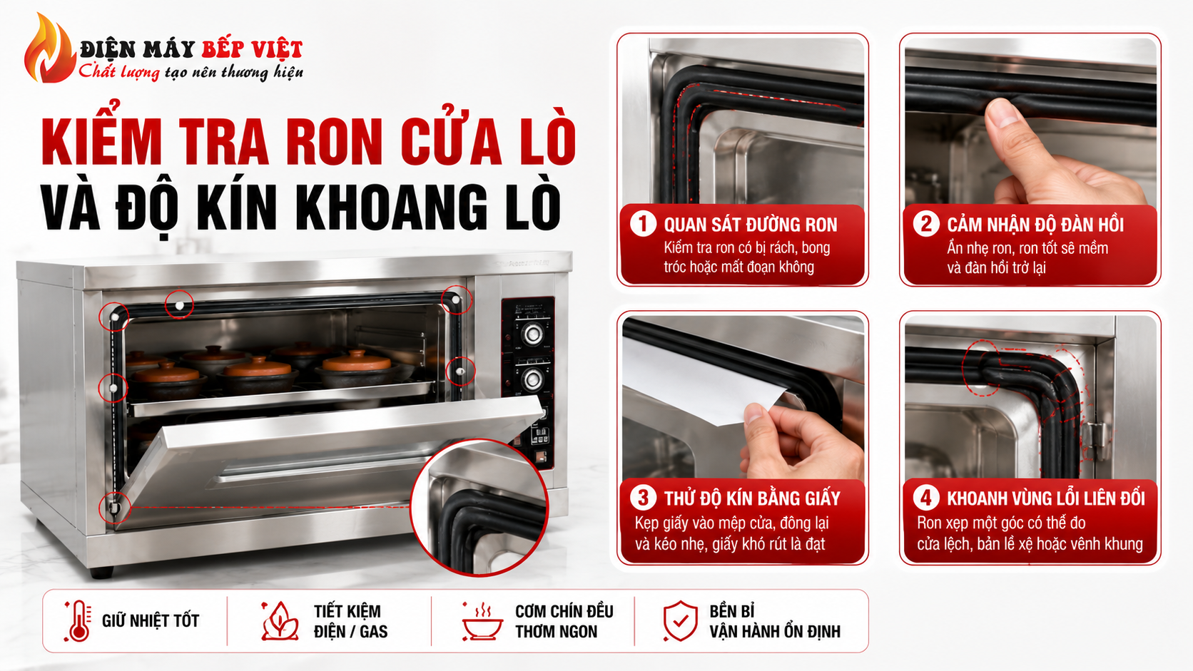 Minh họa kiểm tra ron cửa lò cơm niêu inox và độ kín khoang lò bằng cách quan sát ron cao su, thử giấy và kiểm tra độ đàn hồi