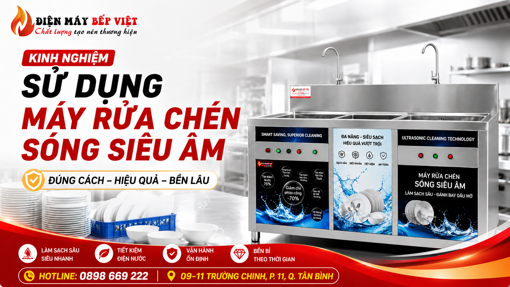 Hình minh họa máy rửa chén sóng siêu âm Điện Máy Bếp Việt giúp làm sạch chén đĩa nhanh, tiết kiệm điện nước và vận hành bền bỉ trong bếp nhà hàng công nghiệp.