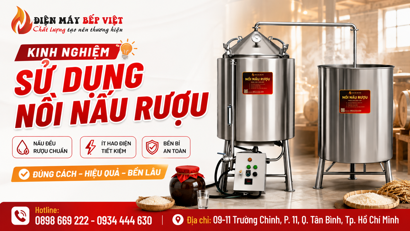 Nồi nấu rượu inox 304 hiển thị quy trình sử dụng đúng cách giúp rượu ra đều, tiết kiệm điện và tăng độ bền thiết bị trong quá trình chưng cất.