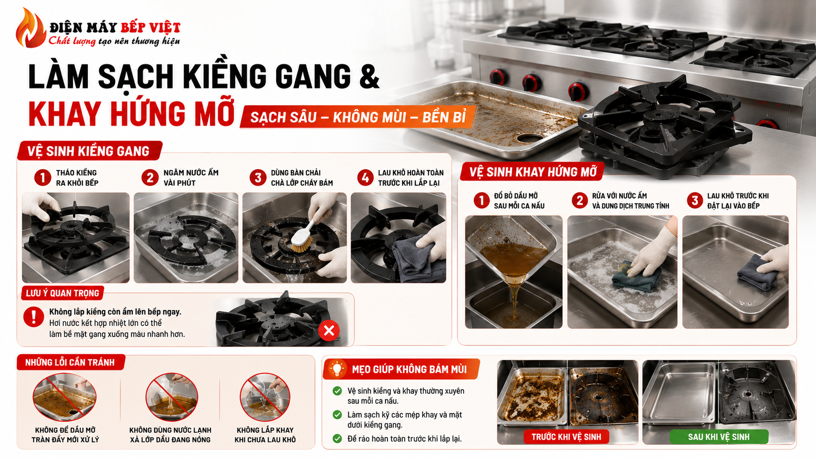 Hình minh họa làm sạch kiềng gang và khay hứng mỡ bếp gas công nghiệp giúp hạn chế dầu mỡ bám và mùi khét trong khu bếp nhà hàng