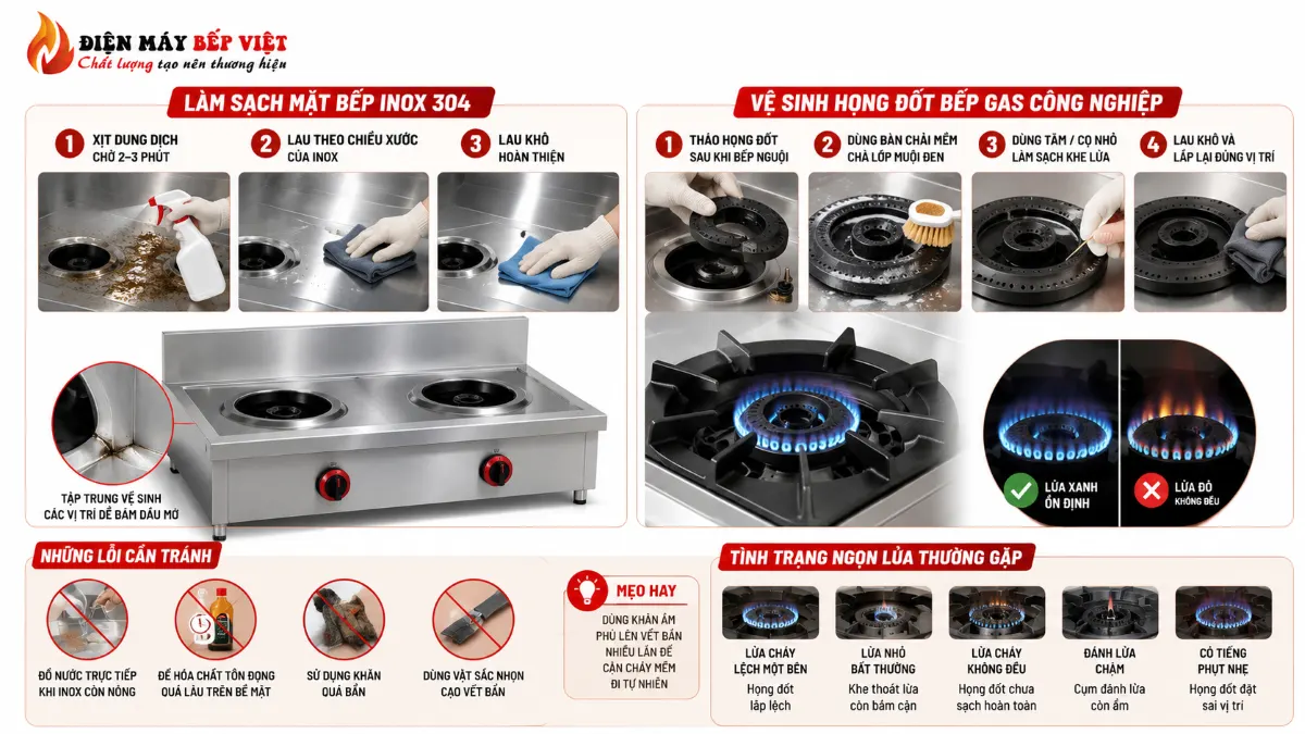 Hình minh họa làm sạch mặt bếp inox và vệ sinh họng đốt bếp gas công nghiệp đúng kỹ thuật cho nhà hàng