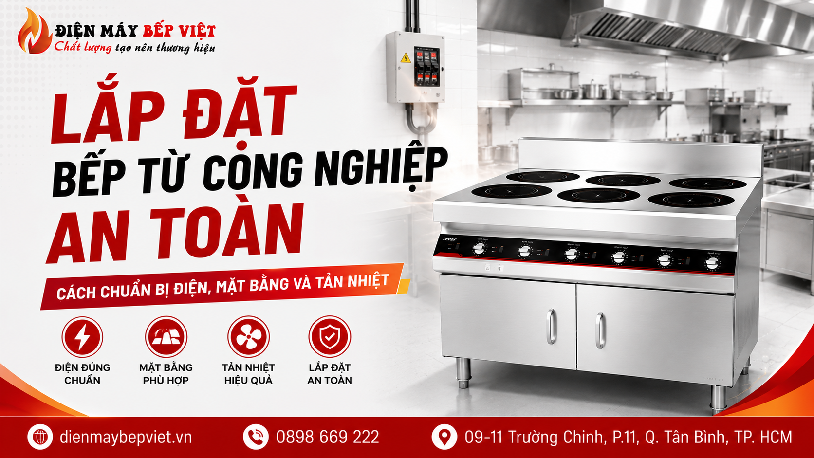Lắp đặt bếp từ công nghiệp an toàn với hệ thống điện, mặt bằng và khoảng tản nhiệt phù hợp trong bếp nhà hàng