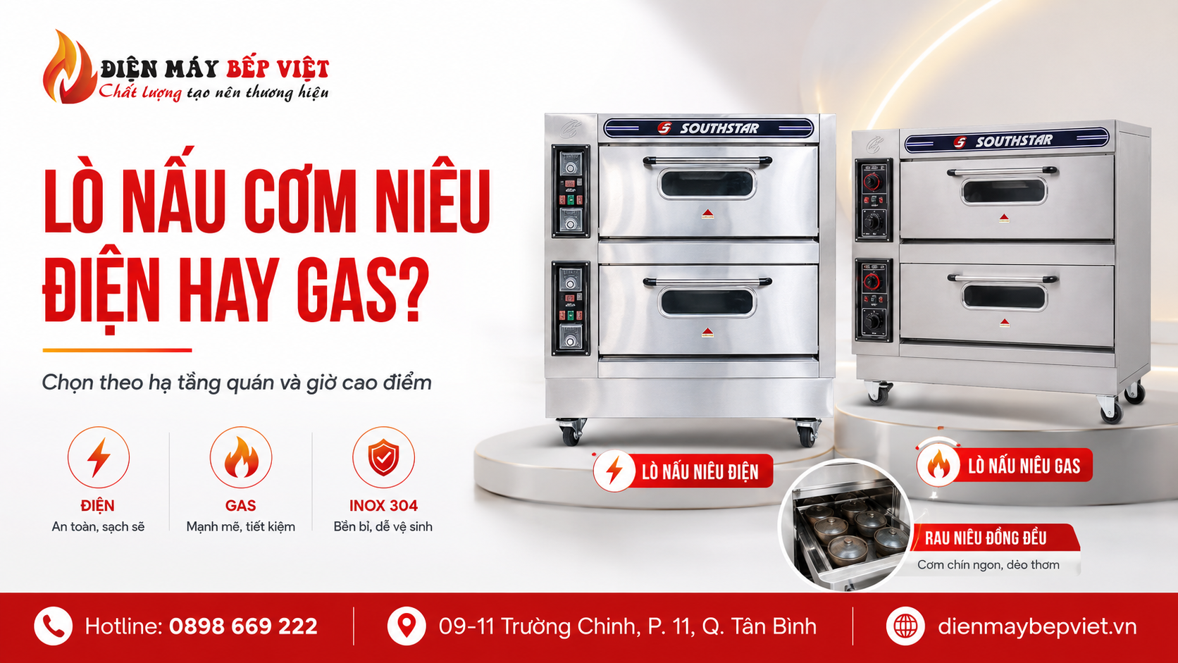 Lò nấu cơm niêu điện và gas bằng inox được Điện Máy Bếp Việt giới thiệu trong ảnh hero so sánh lựa chọn theo hạ tầng quán và giờ cao điểm.