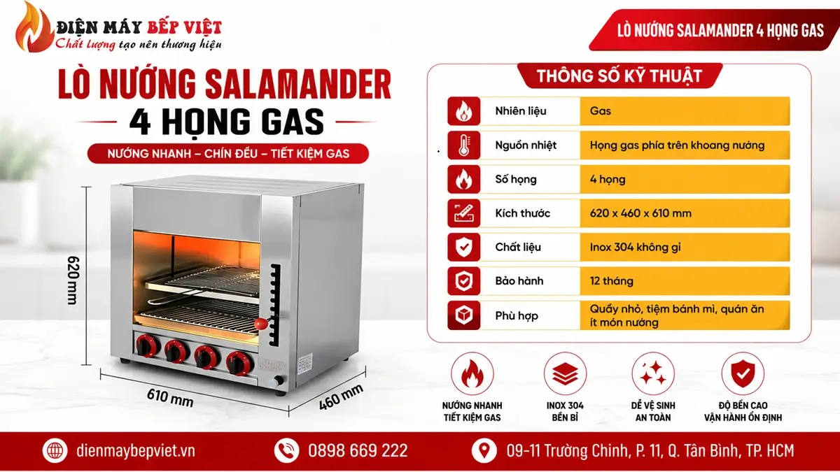 Lò nướng Salamander 4 họng gas cho quầy bánh mì quán nhỏ