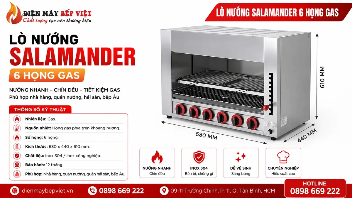 Lò nướng Salamander 6 họng gas cho quán ăn vừa