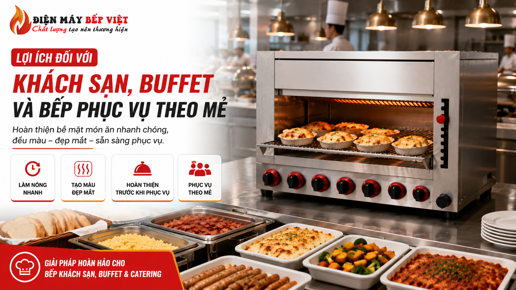Lò nướng Salamander hỗ trợ quán nướng BBQ và hải sản làm xém mặt món, làm nóng topping và hoàn thiện món trước khi phục vụ.