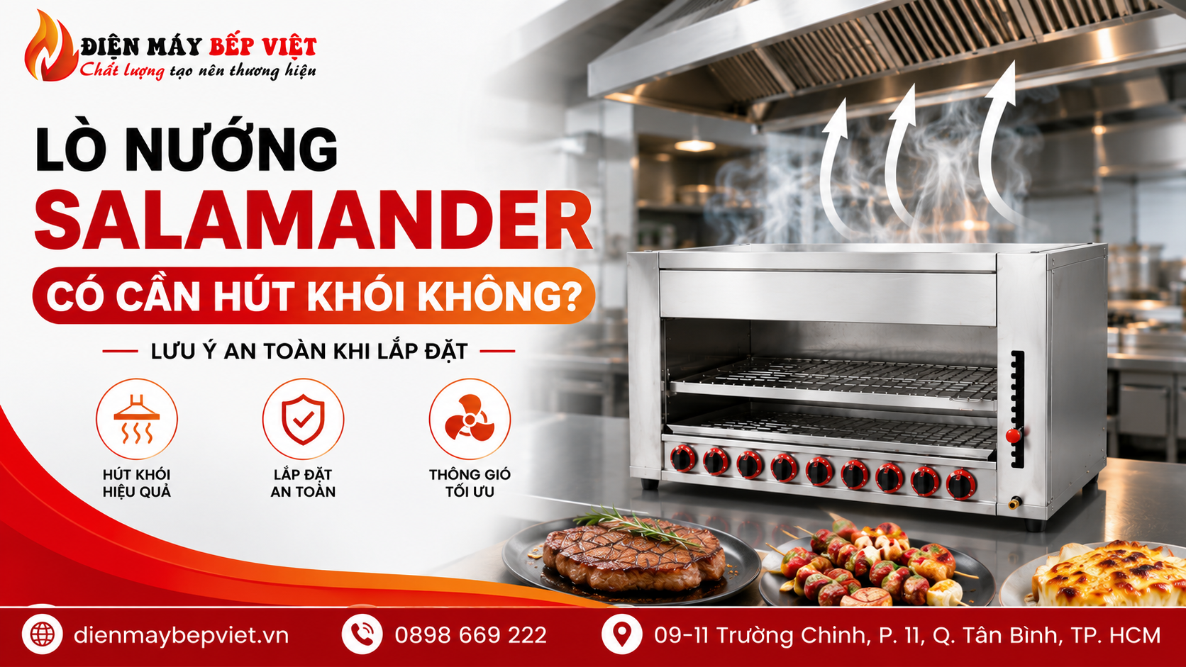 Lò nướng Salamander inox đặt dưới hệ thống hút khói công nghiệp trong bếp nhà hàng, minh họa giải pháp thông gió và lắp đặt an toàn khi sử dụng Salamander gas và điện.