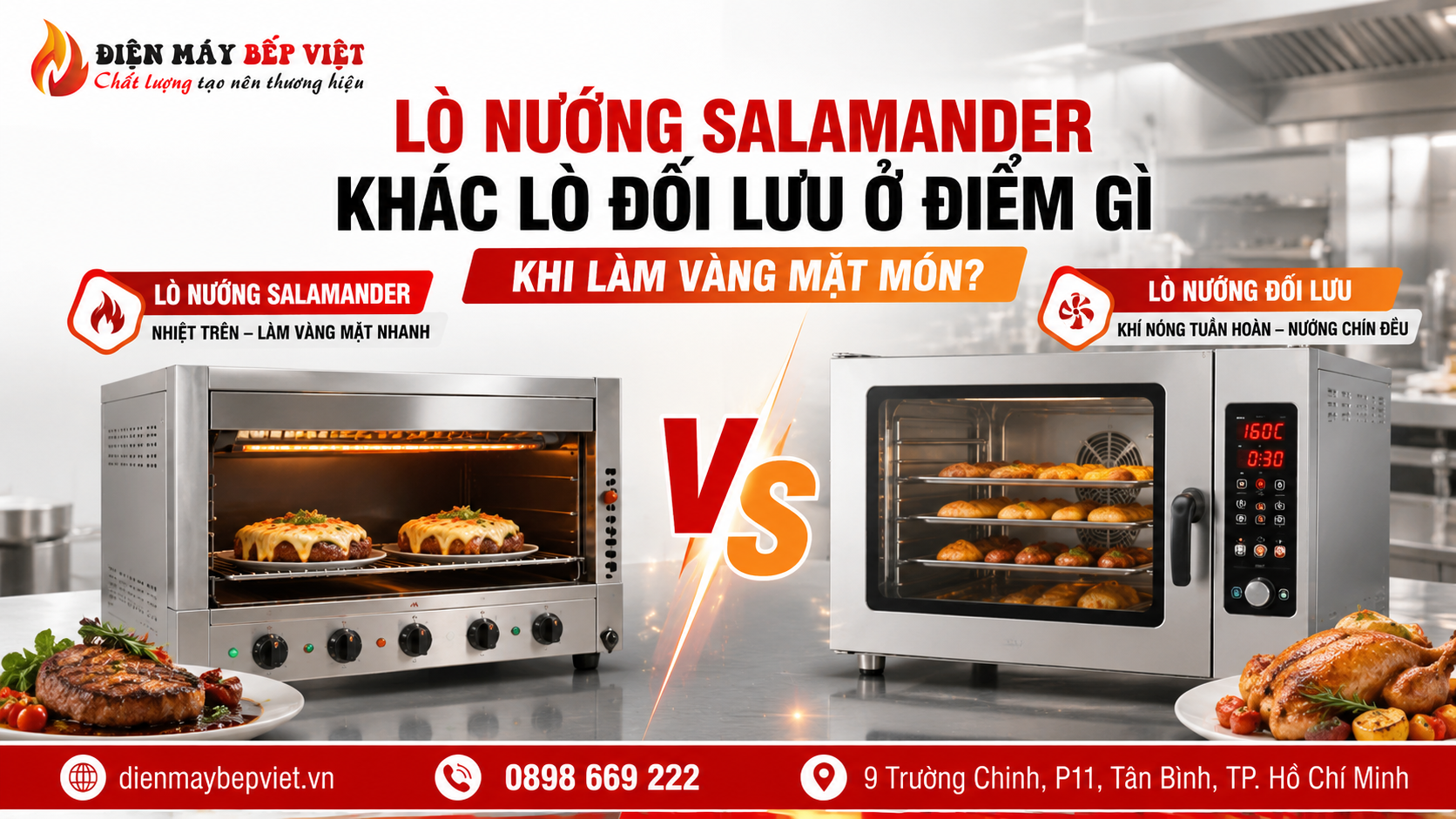 Lò nướng Salamander và lò đối lưu inox được đặt cạnh nhau trong bếp nhà hàng để minh họa sự khác nhau giữa nhiệt trên làm vàng mặt và khí nóng tuần hoàn nướng chín đều.