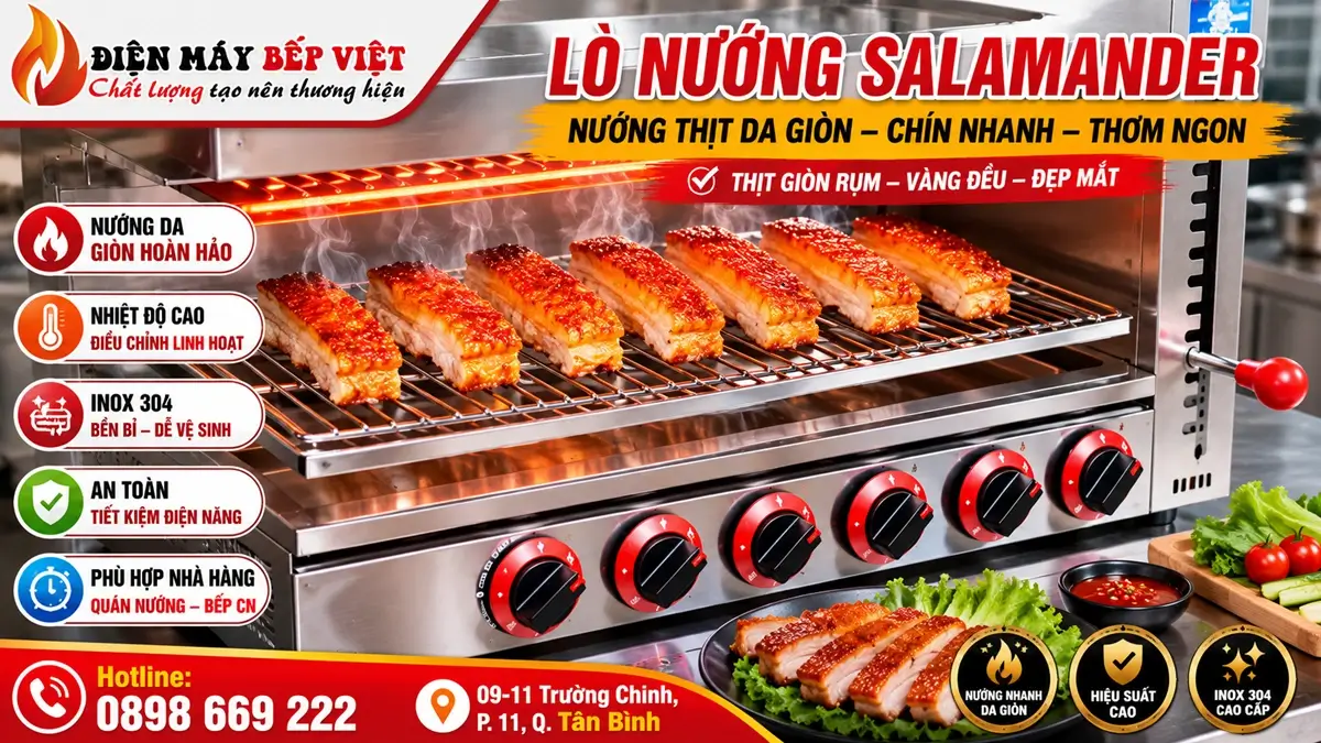 Lò nướng Salamander nướng thịt da giòn trên vỉ tại Điện Máy Bếp Việt