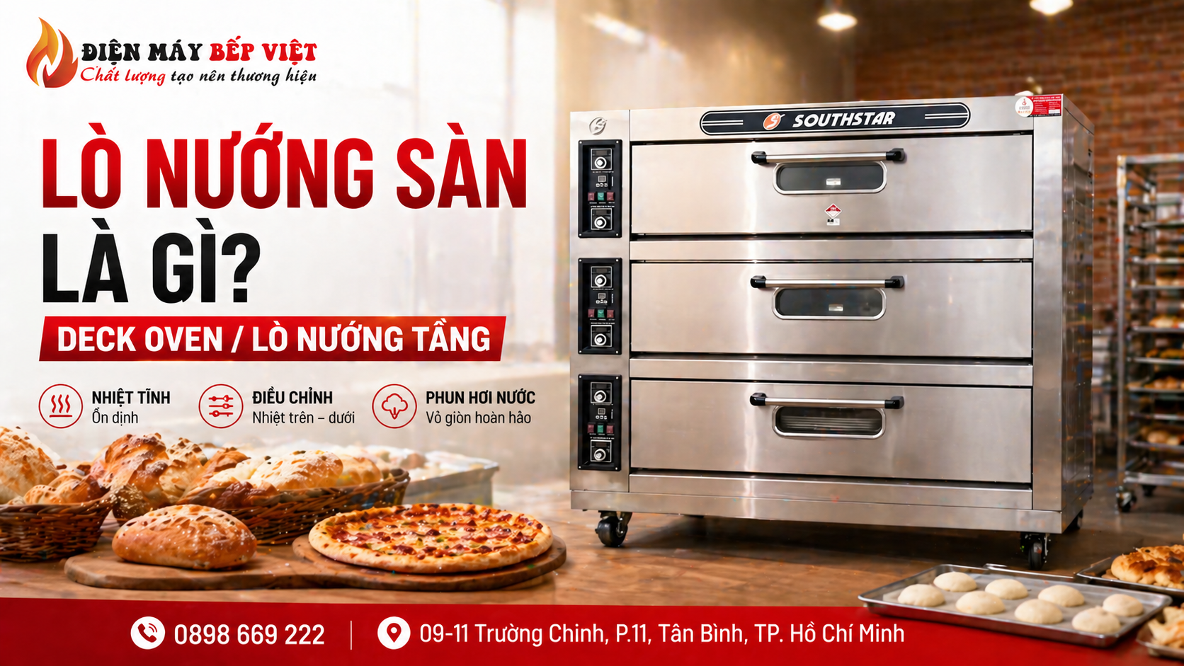 Lò nướng sàn Southstar 3 tầng của Điện Máy Bếp Việt dùng cơ chế nhiệt tĩnh để nướng bánh mì và pizza với khả năng kiểm soát nhiệt trên dưới ổn định.