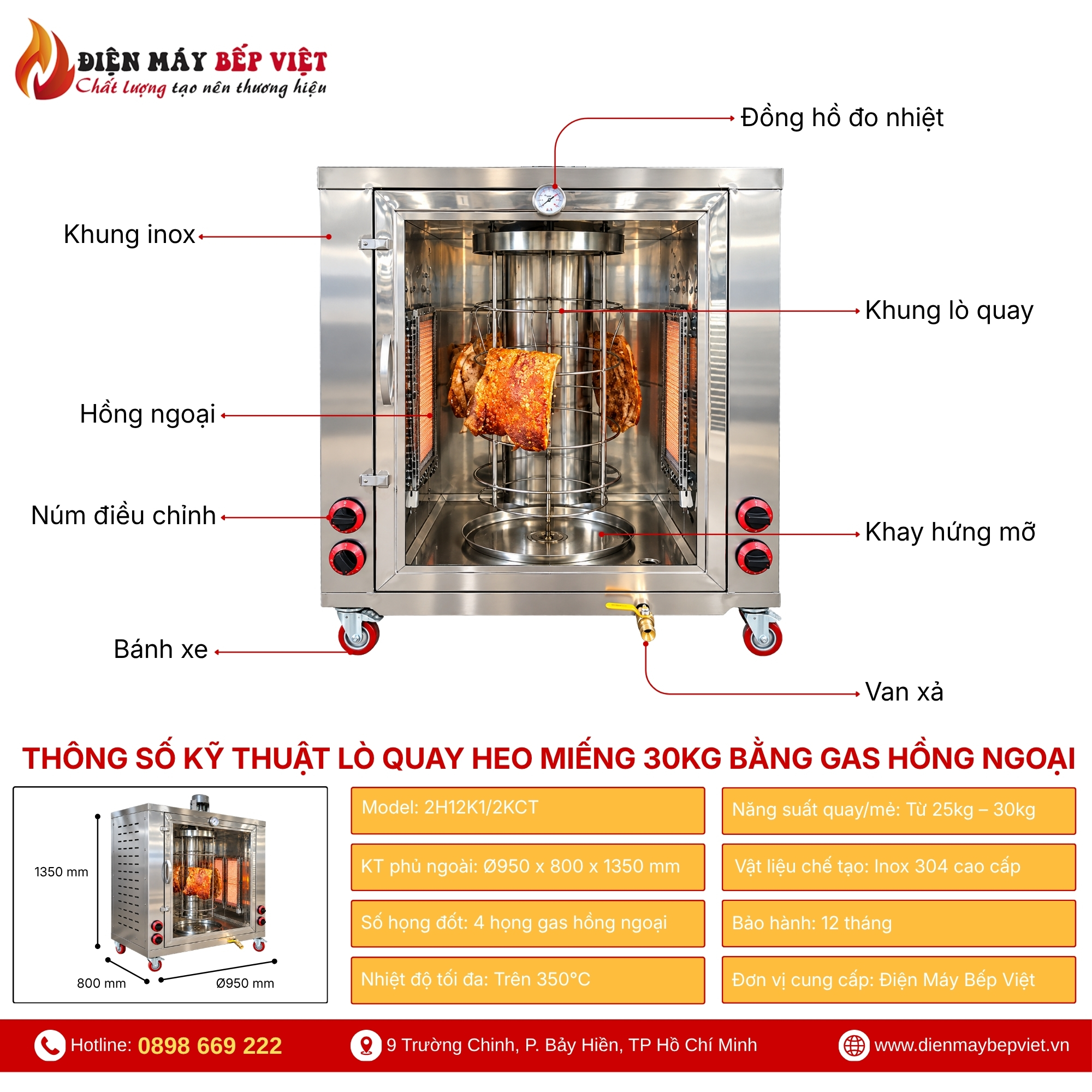 Lò Quay Heo Miếng 30Kg Bằng Gas Hồng Ngoại