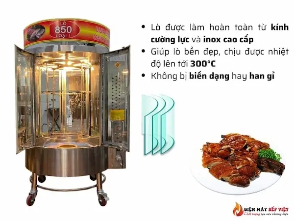 lò quay vịt 850 4 cánh được làm từ kính cường lực và inox cao cấp