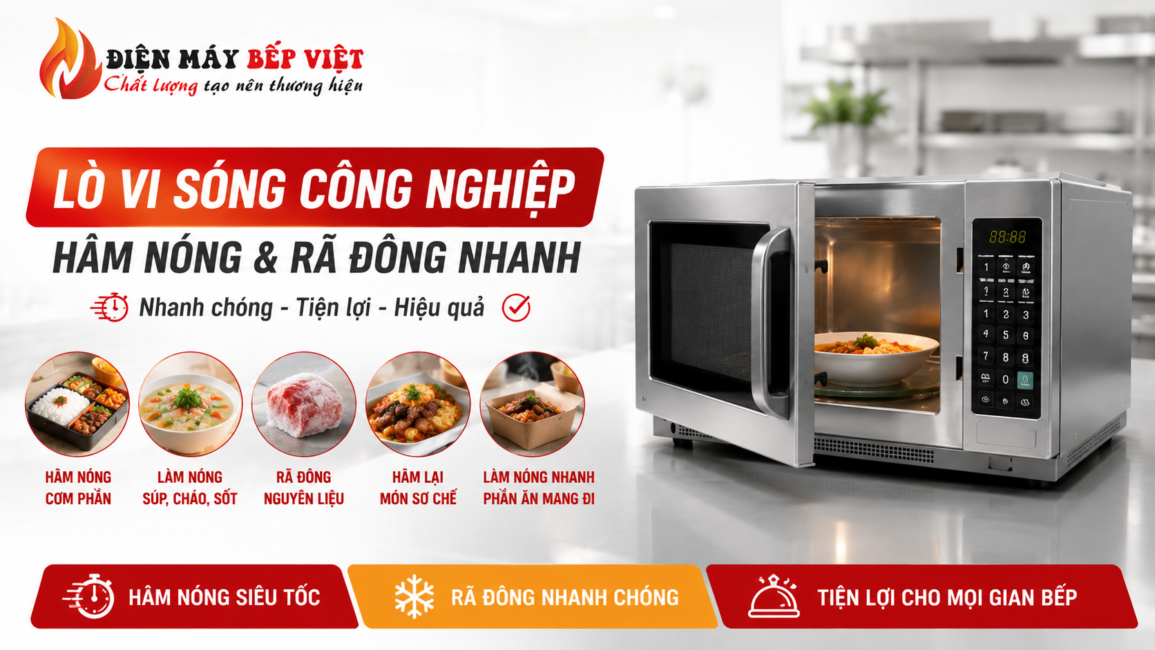 Hình minh họa lò vi sóng công nghiệp dùng để hâm nóng cơm phần, làm nóng súp, rã đông nguyên liệu và làm nóng nhanh món ăn trong bếp nhà hàng.