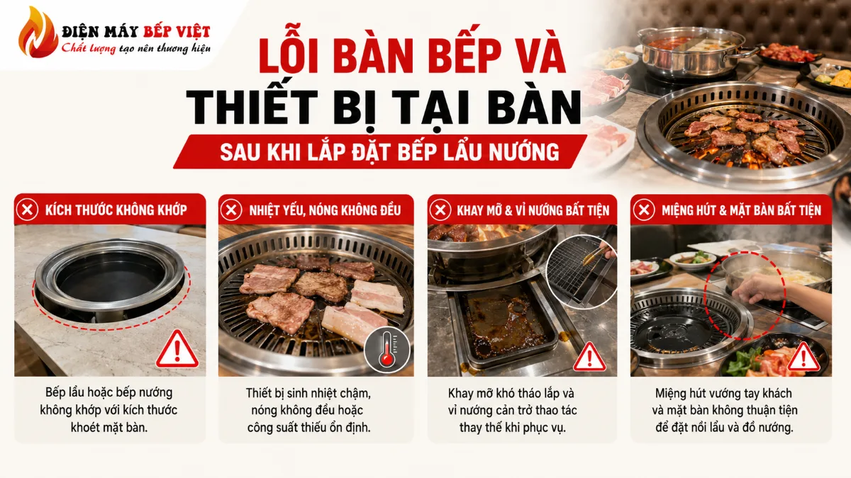 Hình minh họa lỗi bàn bếp và thiết bị tại bàn sau khi lắp đặt bếp lẩu nướng với bếp nướng âm bàn, khay mỡ, vỉ nướng và các vấn đề bất tiện khi vận hành trong nhà hàng BBQ.
