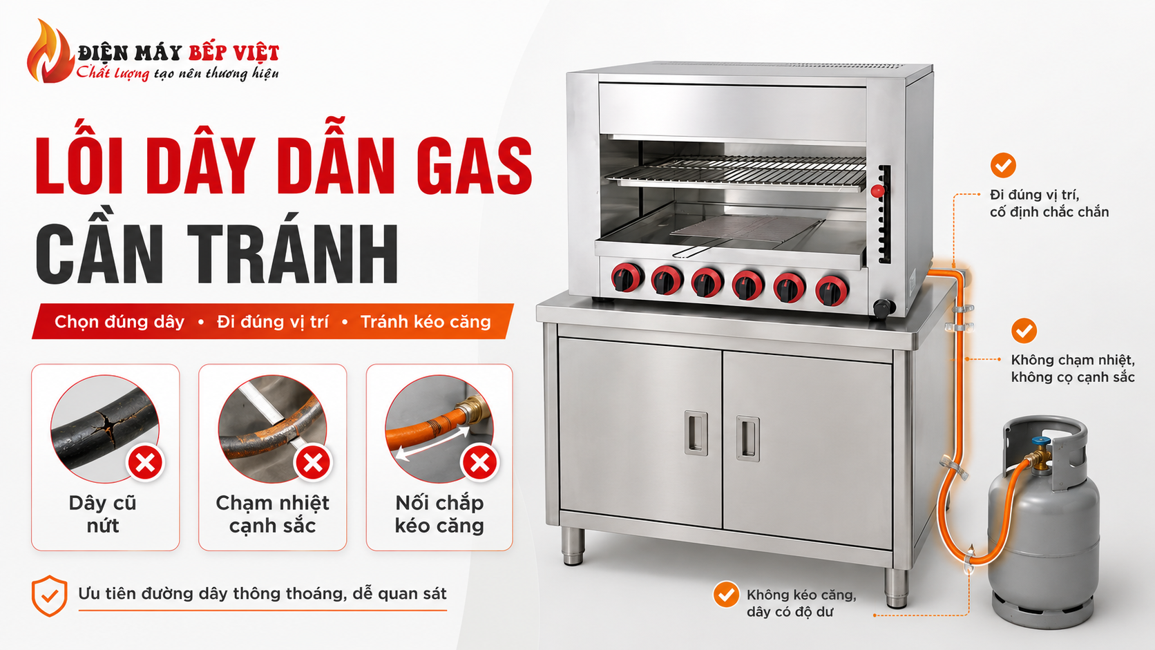 Lò nướng Salamander gas được nối với bình gas bằng dây dẫn đi đúng vị trí, tránh dây cũ nứt, chạm nhiệt và kéo căng.