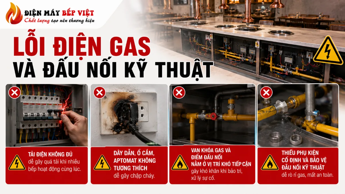 Hình minh họa lỗi điện gas và đấu nối kỹ thuật trong nhà hàng lẩu nướng với hệ thống điện quá tải, ổ cắm cháy, van gas và đường ống kỹ thuật lắp đặt chưa đồng bộ.