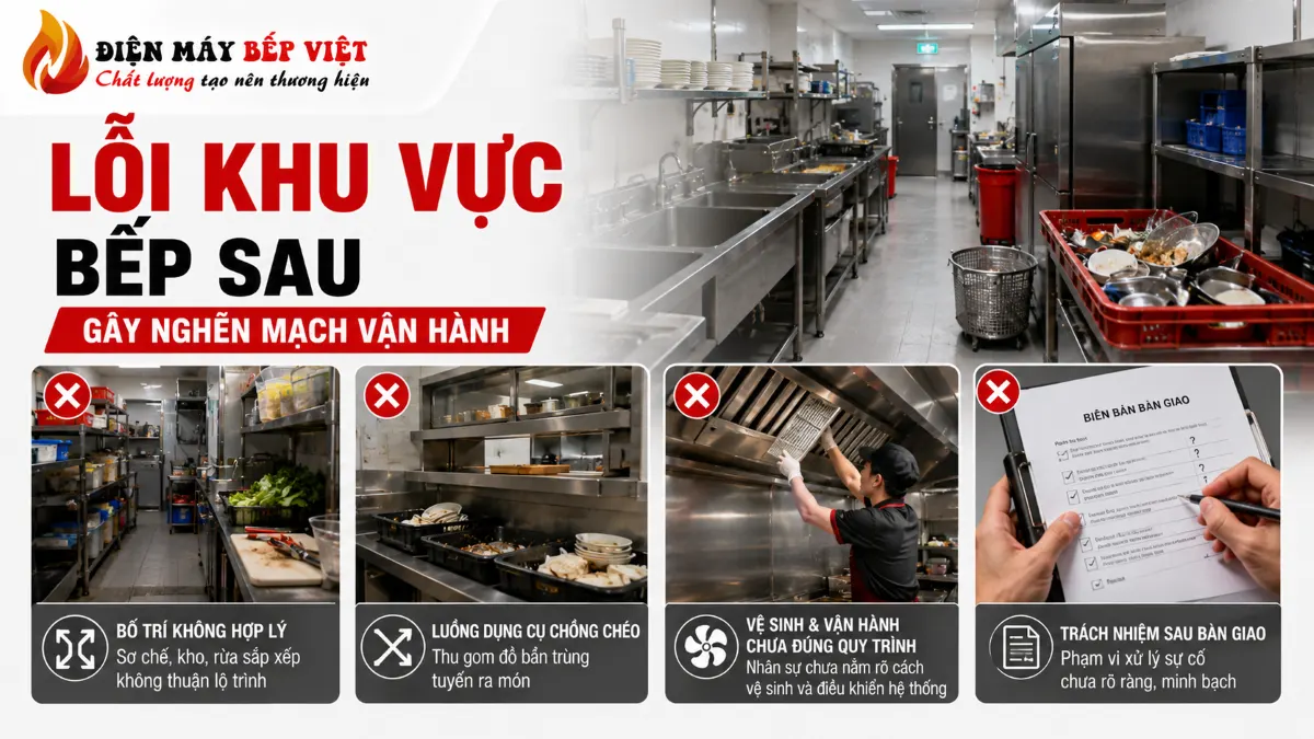 Hình minh họa lỗi khu vực bếp sau trong nhà hàng lẩu nướng với khu sơ chế, khu rửa, luồng dụng cụ bẩn và hệ thống vận hành bếp công nghiệp chưa tối ưu.