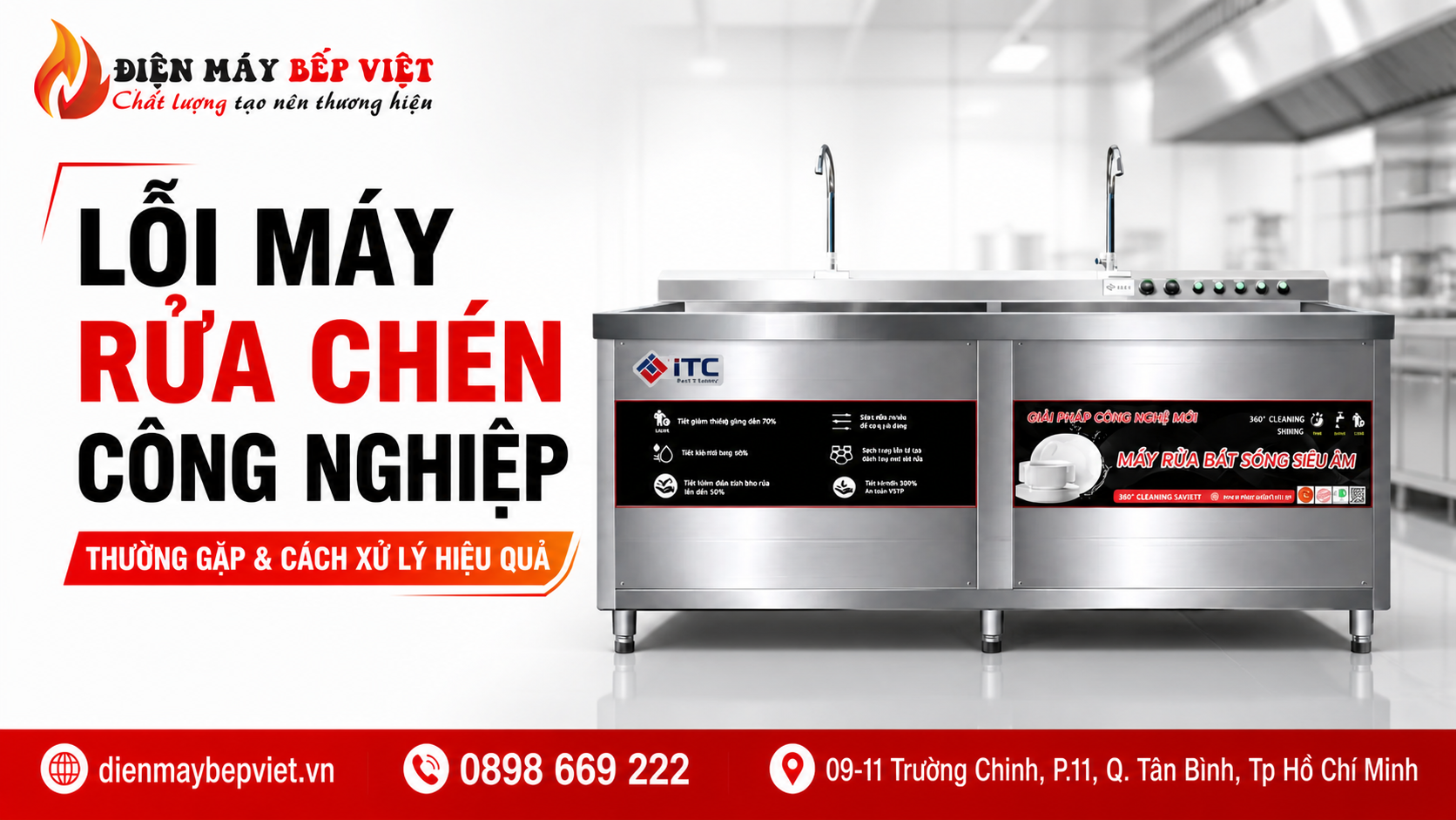 Máy rửa chén công nghiệp siêu âm inox được hiển thị trong banner lỗi máy rửa chén công nghiệp thường gặp và cách xử lý
