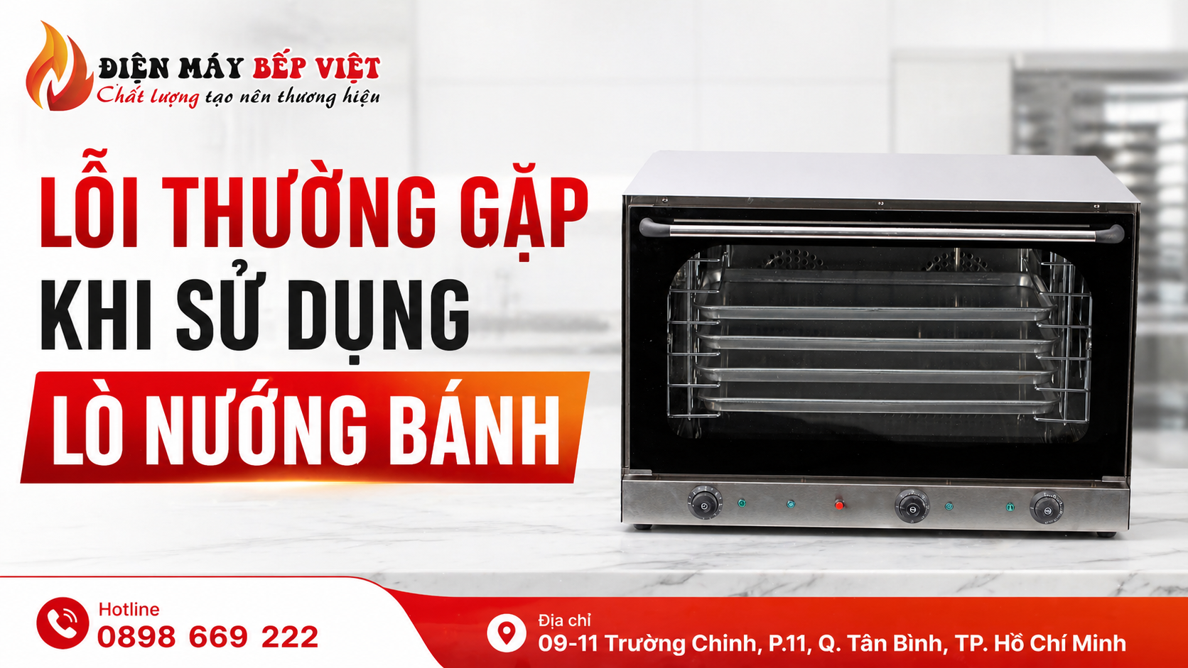 Lò nướng bánh công nghiệp 4 khay của Điện Máy Bếp Việt minh họa các lỗi thường gặp khi sử dụng lò nướng bánh trong tiệm bánh và bếp công nghiệp.