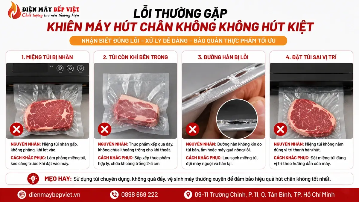 Lỗi máy hút chân không không hút kiệt do miệng túi bị nhăn hoặc đặt sai vị trí