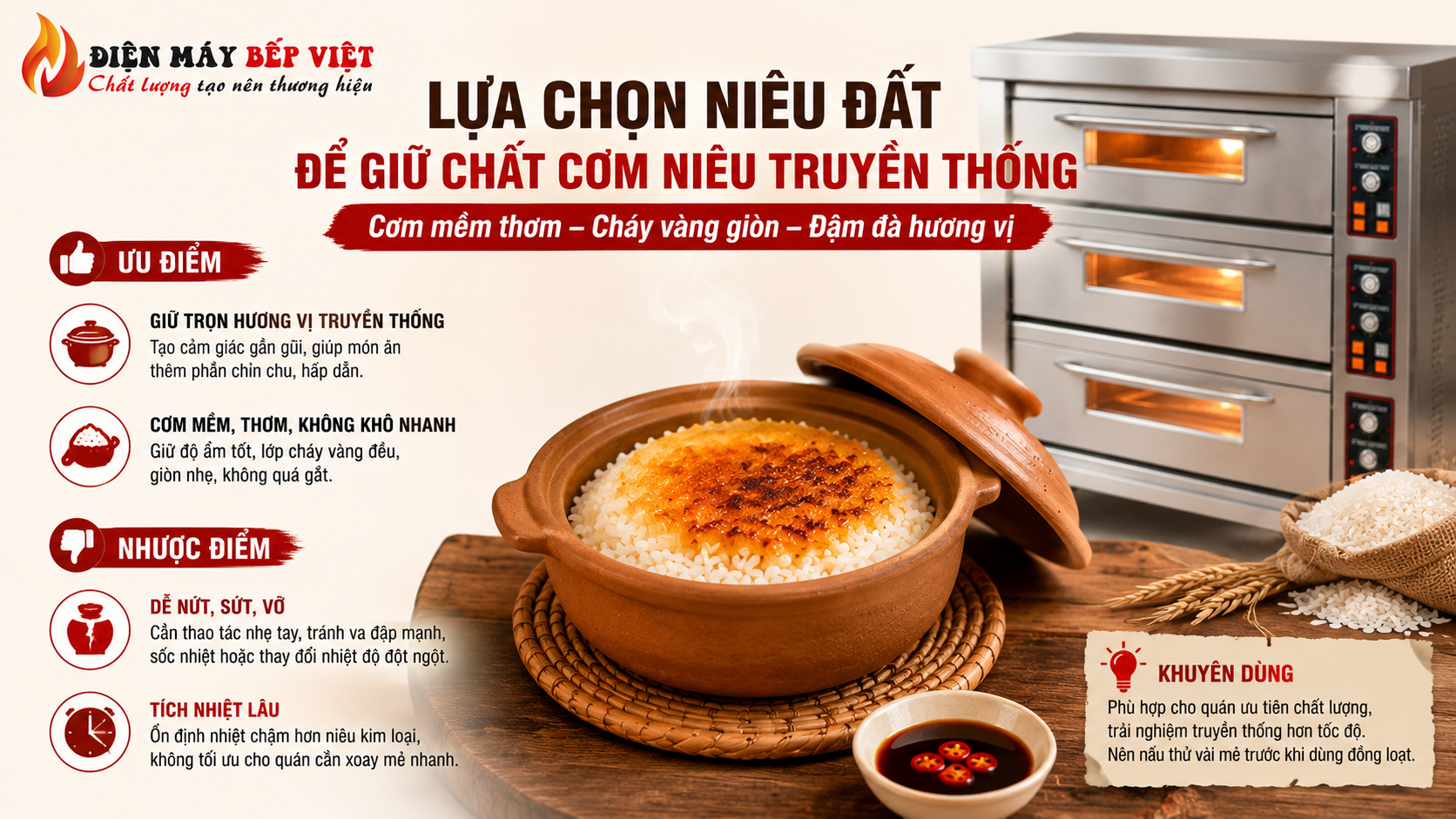Minh họa lựa chọn niêu đất cho lò nấu cơm niêu với hình ảnh niêu đất cơm cháy vàng giòn và lò nướng công nghiệp inox trong bếp nhà hàng