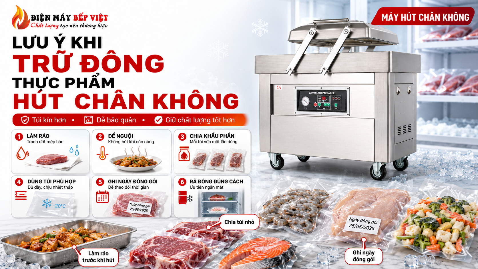 Máy hút chân không công nghiệp minh họa các lưu ý khi trữ đông thực phẩm hút chân không như làm ráo, để nguội, chia khẩu phần, dùng túi phù hợp, ghi ngày đóng gói và rã đông đúng cách.