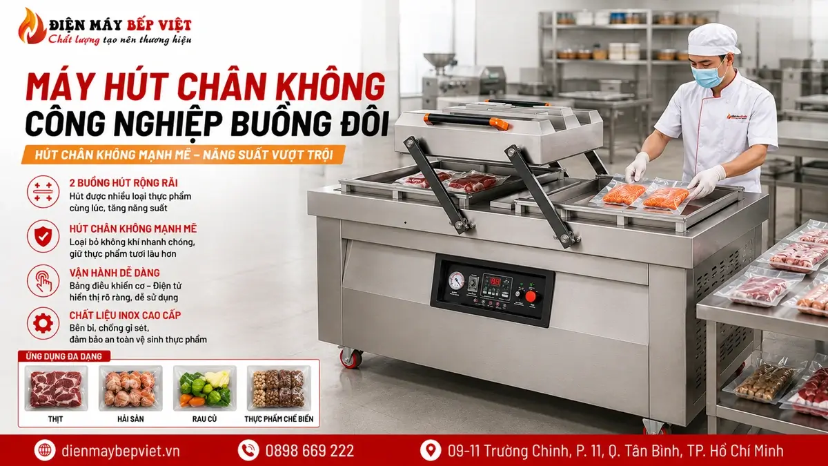 Máy ép chân không công nghiệp buồng đôi cho xưởng sản xuất và đóng gói số lượng lớn