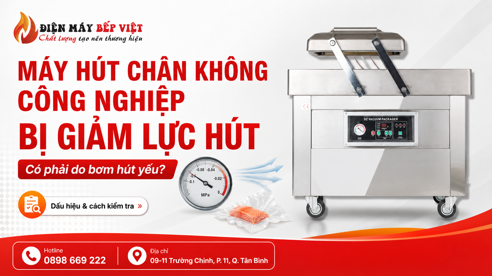 Máy hút chân không công nghiệp inox minh họa tình trạng máy bị giảm lực hút, hút yếu hoặc hút lâu khi đóng gói thực phẩm.