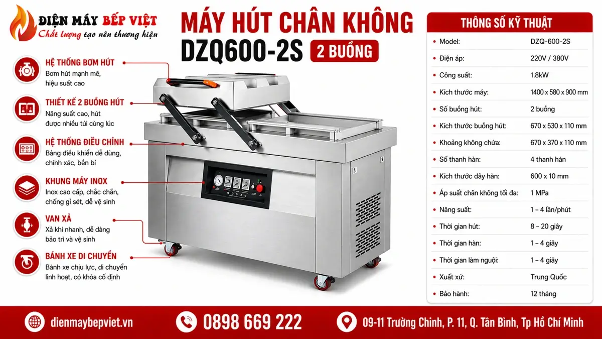 Máy hút chân không công nghiệp DZQ 600-2S 2 Buồng cho xưởng đóng gói