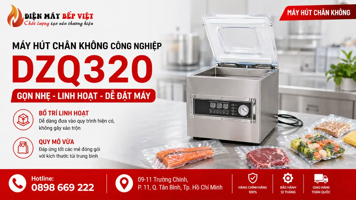 Giới thiệu máy hút chân không công nghiệp DZQ320 trong ảnh minh họa sản phẩm cho cơ sở nhỏ và khu vực làm việc hạn chế.