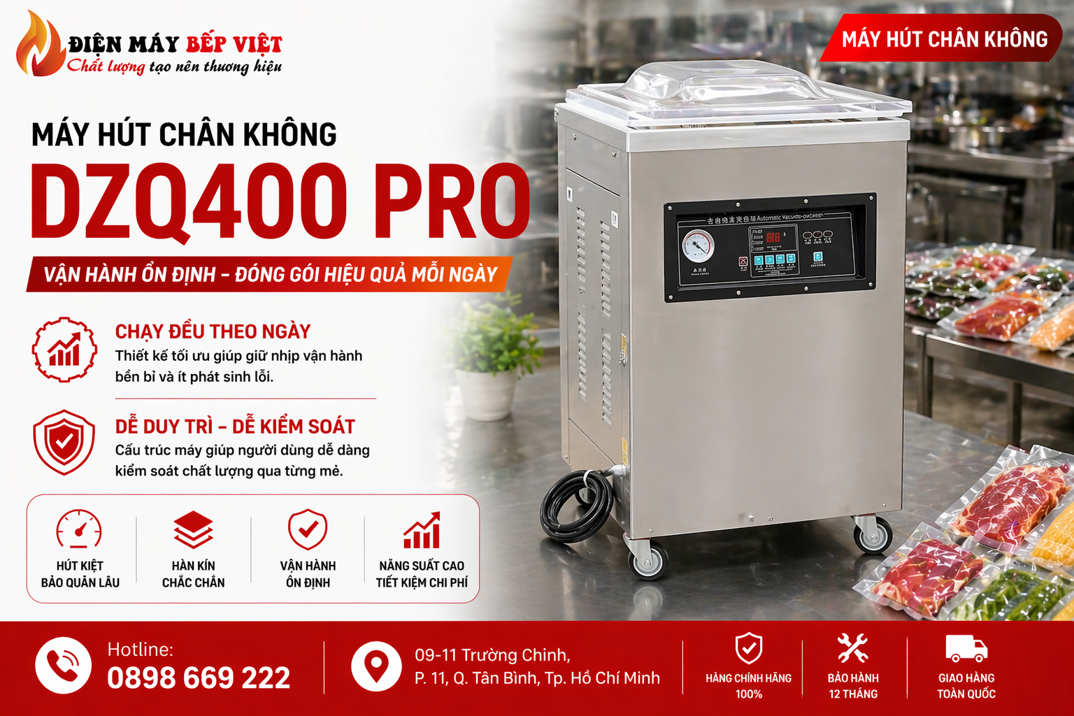 Điện Máy Bếp Việt giới thiệu máy hút chân không công nghiệp DZQ400 Pro trong ảnh minh họa sản phẩm cho cơ sở công nghiệp