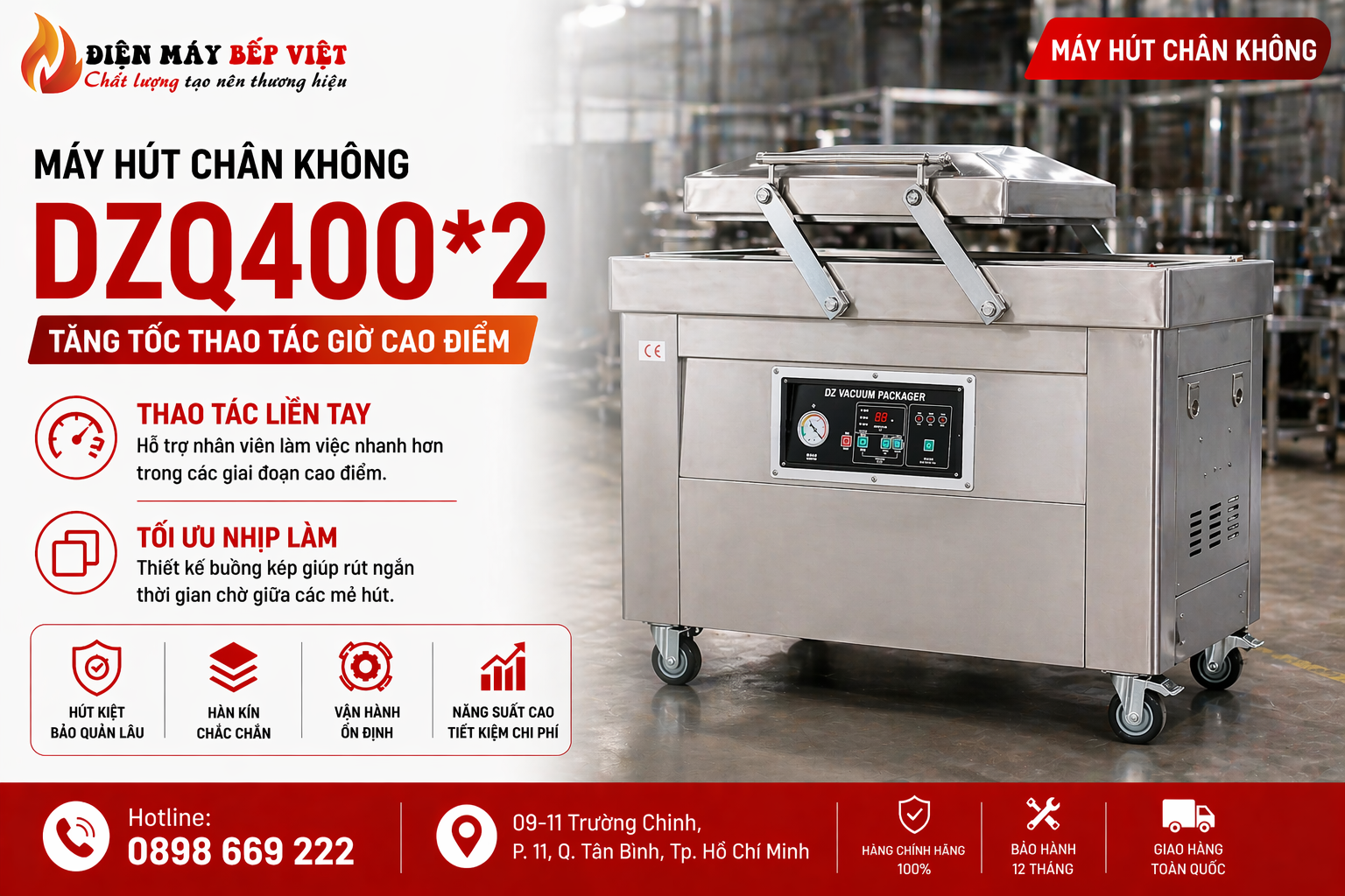 Điện Máy Bếp Việt giới thiệu máy hút chân không công nghiệp DZQ400*2 trong ảnh minh họa sản phẩm.