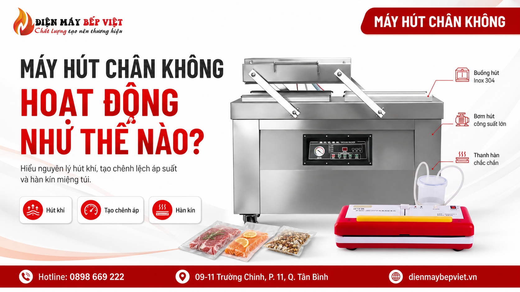 Máy hút chân không công nghiệp và máy hút chân không gia đình minh họa nguyên lý hút khí, tạo chênh lệch áp suất và hàn kín miệng túi khi đóng gói thực phẩm.