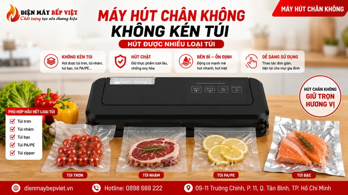 Máy hút chân không không kén túi dùng được túi trơn và túi PA PE