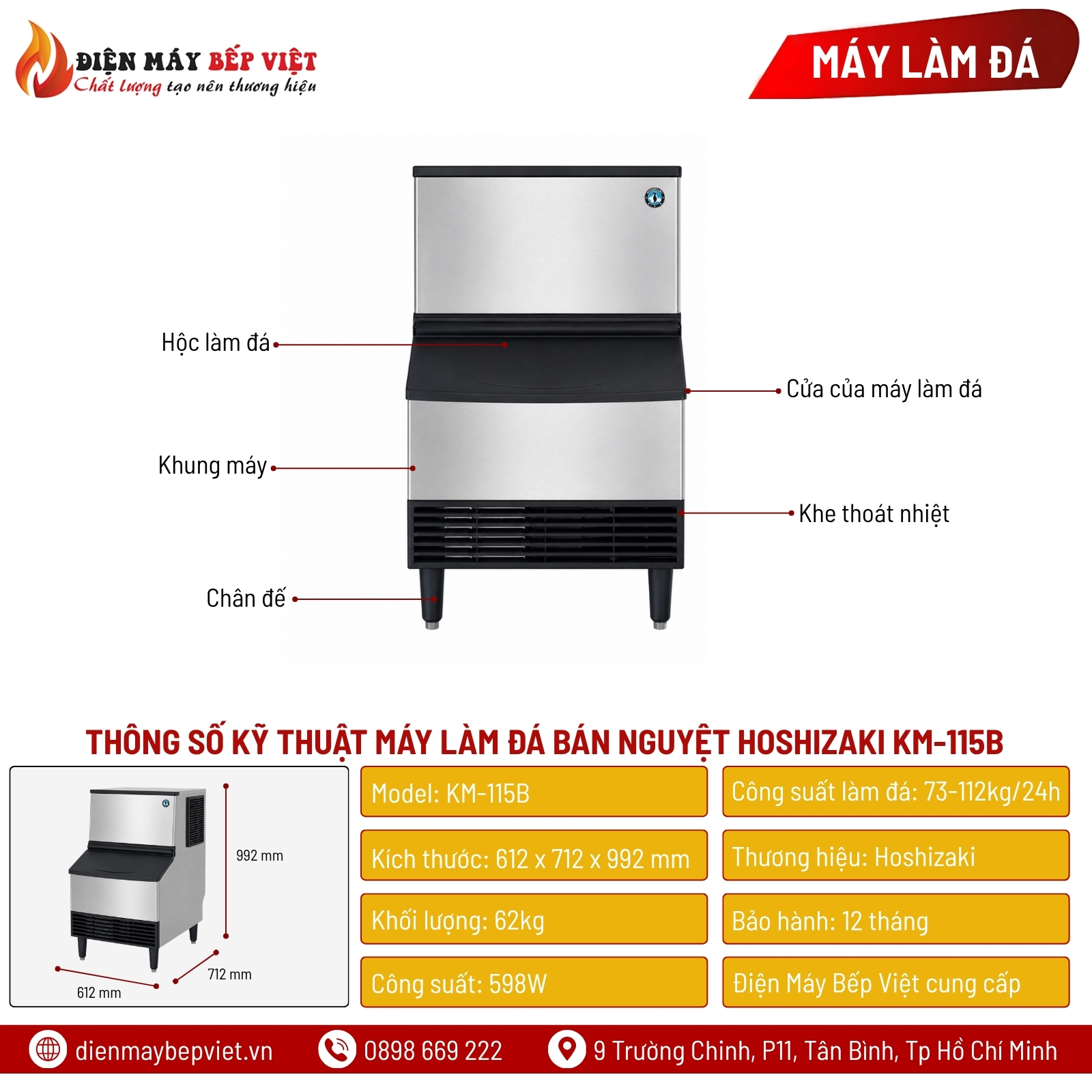 Máy Làm Đá Bán Nguyệt Hoshizaki KM-115B 100Kg/Ngày