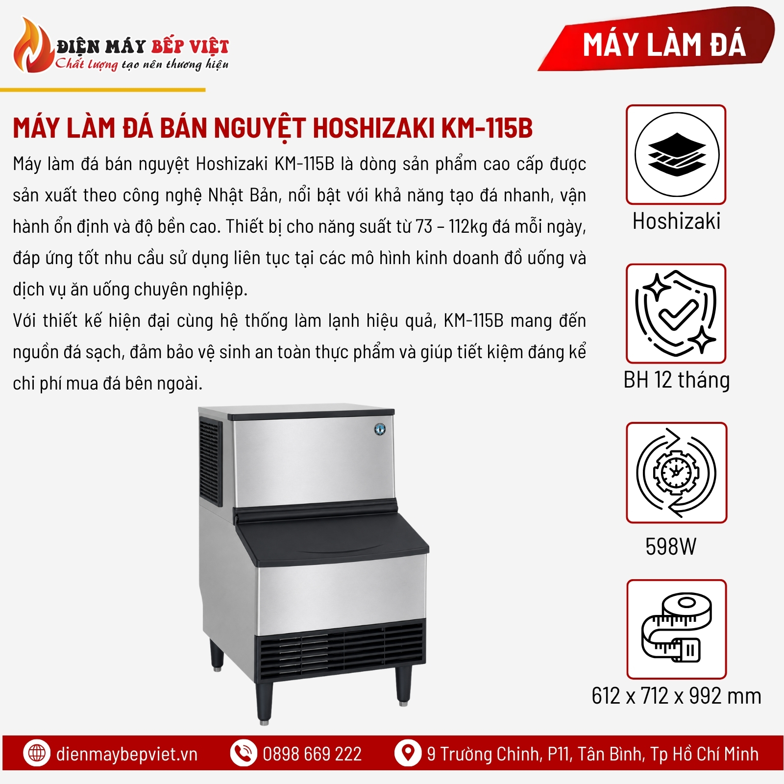 Máy Làm Đá Bán Nguyệt Hoshizaki KM-115B 100Kg/Ngày